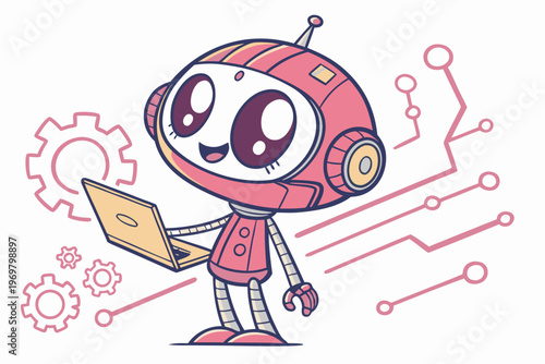 Cute Cartoon Robot Technology Futuristic Character Machine Vector Illustration Isolated Set
