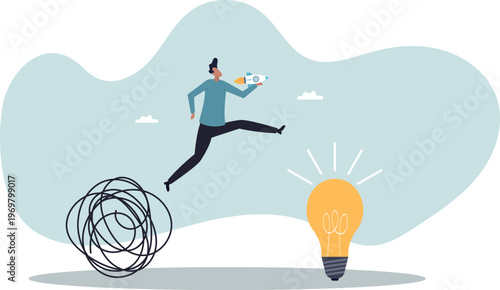 Businessman Jumping from Tangled Mess to Shining Lightbulb with Rocket Startup Concept Vector illustration