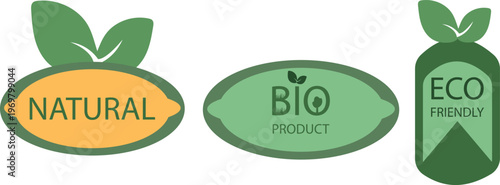 Set of Eco Friendly, Bio Product and Natural Labels with Green Leaves Vector Logos
