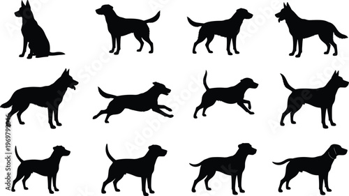 Comprehensive Collection of Dog Breed Silhouettes featuring German Shepherds and Labradors in Various Poses like Sitting, Standing, and Running for Pet Industry Graphic Design.