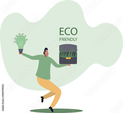 Businessman Holding Briefcase with Grass and Green Idea Lightbulb Eco Friendly Concept Vector illustration