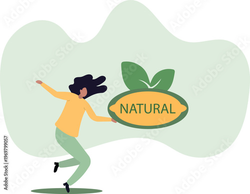 Woman Holding Natural Label with Lemon Shape and Green Leaves Oval Logo Vector illustration