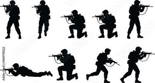 Collection of Tactical Soldier Silhouettes Showing Military Personnel with Rifles in Various Combat Poses Including Kneeling Prone and Standing Isolated on White Background.