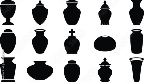 Black silhouette collection of traditional cremation urns and funeral memorial jars for human or pet ashes isolated on white background for cemetery burial services.