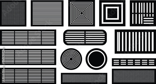Collection of Black and White Geometric Ventilation Grille Vector Illustrations Featuring Various Industrial Grates Mesh Patterns and Linear Slotted Vents for Architectural Design Projects.