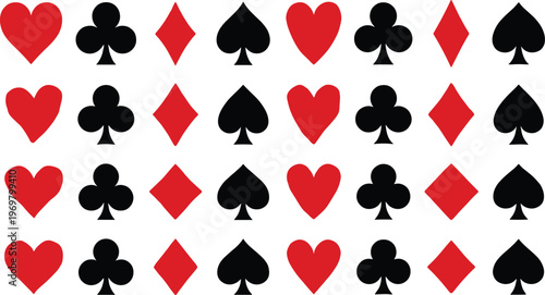 Red and black playing card suits pattern with hearts, clubs, diamonds and spades symbols in a repeating seamless grid for gambling and casino design