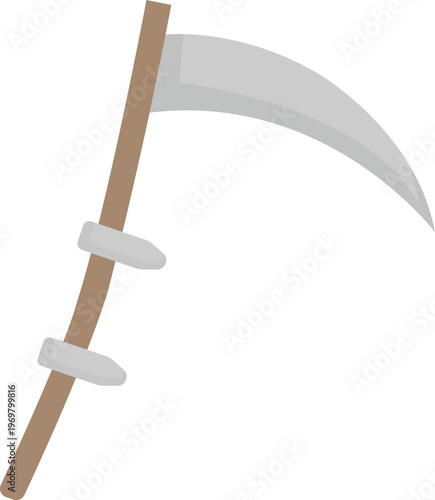Scythe farming tool illustration, traditional agricultural equipment for harvesting crops and rural lifestyle concepts.