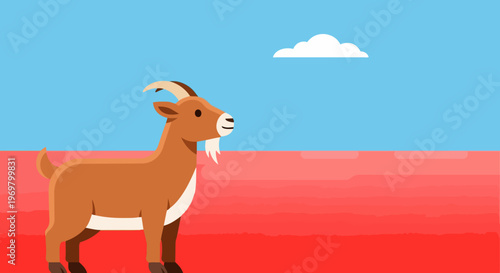 Brown goat standing on red field under blue sky. Brown goat features horns, beard, and white belly, illustrating farm animal life. Concept brown goat for nature studies and agricultural publications.