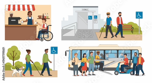 Illustrations showing disability access in various public settings: cafe, restroom, bus. Disability access includes ramps, braille, guide dogs, scooters, and accessible transport.