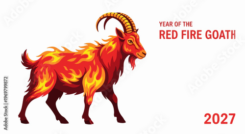 Red Fire Goat illustration representing Chinese Zodiac symbol for upcoming year 2027. Stylized goat with flaming patterns signifies prosperity and good fortune in Chinese Zodiac tradition.