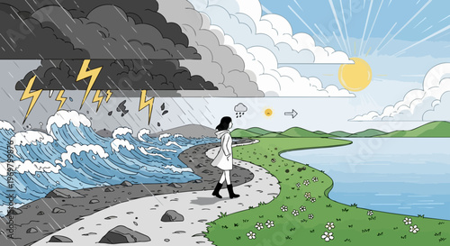 Illustration overcoming challenge, person walking path from stormy rain and ocean to bright sun and calm lake. Journey overcoming challenge features dark clouds, lightning, and green landscape.