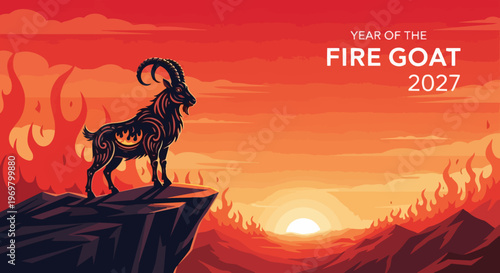 Year of Fire Goat illustration shows powerful goat on cliff, against dramatic fiery sunset. Year of Fire Goat artwork features vibrant red orange sky, symbolizing strength, fortune.