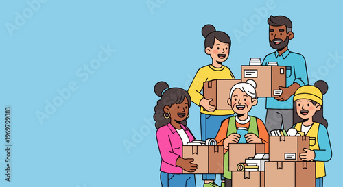 Diverse group sorting donation boxes, working together for community welfare and support. Happy volunteers holding donation boxes, preparing aid for various social initiatives.