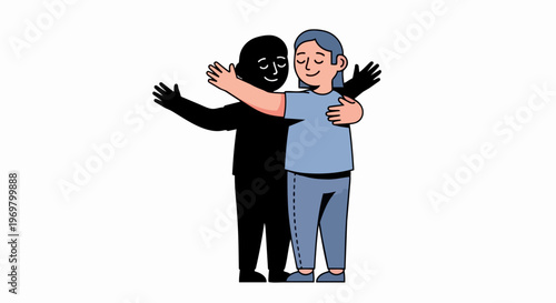 Person embracing self acceptance, arms around dark shadow figure, symbolizing inner peace. Individual holding shadow represents self acceptance, fostering emotional well-being.