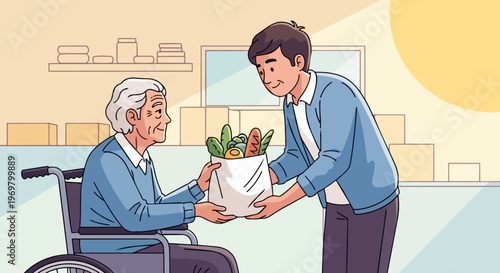 Young man gives elderly assistance, delivering grocery bag to senior in wheelchair. Thoughtful elderly assistance provides fresh produce, showing community care. Visual for social programs,