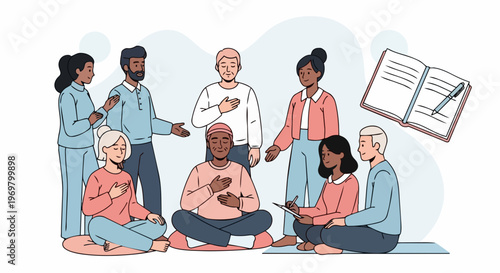 Diverse group engaging in mental health support session, some meditating or showing self care with hand on chest. People sharing experiences during mental health support meeting,