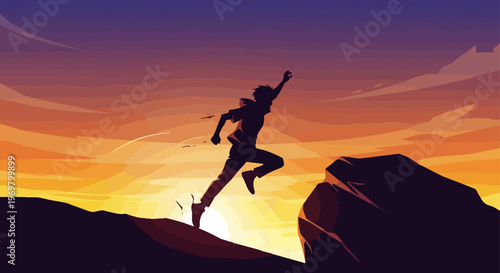 Person jumping sunset silhouette on rocky mountain peak. Energetic person jumping sunset with arm raised in triumph against vibrant sky.