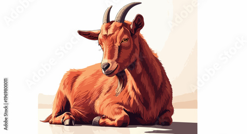 Brown goat resting on simple ground, showing peaceful farm animal. Brown goat displays curved horns, soft fur, gentle expression. Ideal brown goat image for agriculture, livestock education,