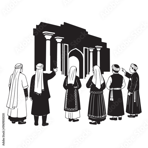 Historical monument silhouettes, people in traditional attire standing, black and white