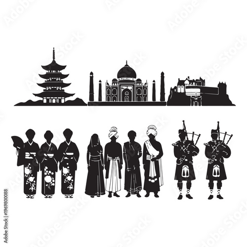 Historical monument silhouettes, people in traditional attire standing, black and white