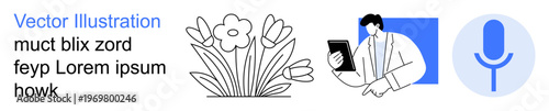 Communication, technology, nature inspiration, user engagement, digital tools, speech . A man interacting with a tablet, floral design and a microphone icon. Communication and technology concept