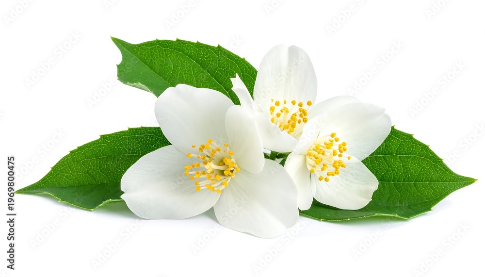 Fototapeta premium Close-up studio shot of pure white flowers with yellow stamens, clustered with vibrant green leaves. Focus is sharp