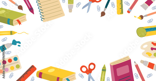 Banner with school supplies and space for text. Frame of scissors, copybook, pencil, crayon, brush, paints, case, palette, book, pencil, ruler, clip