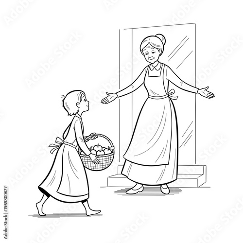 Child bringing basket to grandma while smiling at her in a doorway  