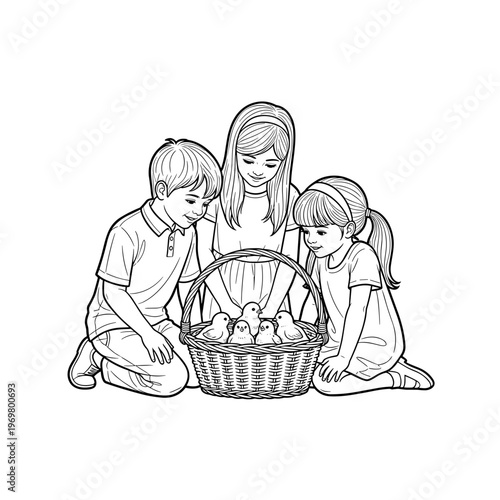 Children observing chicks in basket while sitting on the floor  