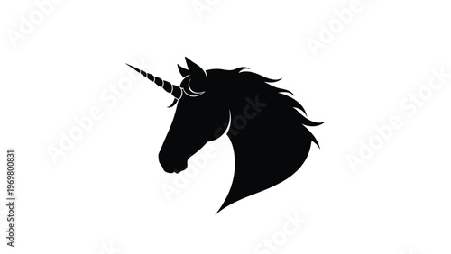Detailed black silhouette of mythical unicorn head showing pointed horn and flowing mane against clean white background for design.
