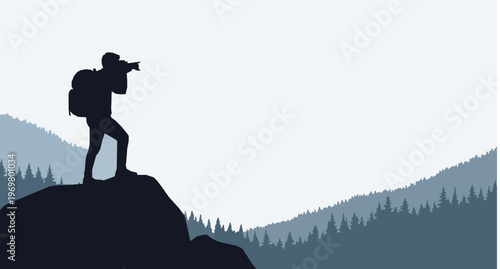 Silhouette Photographer on Rock Vector Illustration with Mountains and Forest Landscape
