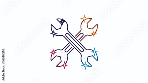 Pair of crossed wrenches with colorful stars representing high quality professional cleaning or expert repair services in flat style.