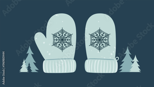 Cozy winter mittens in light blue color with dark snowflake patterns displayed between two stylized pine trees on navy blue backdrop.