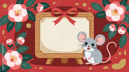 Cute cartoon mouse with blank signboard red bow flowers for chinese new year celebration decoration