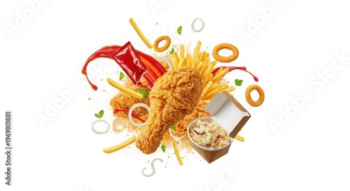 Fried Chicken Drumstick with French Fries Onion Rings and Ketchup Splash Food Product Shot isolated on White Background