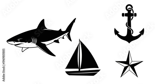 Shark, sailboat, anchor, and starfish in black silhouette design  