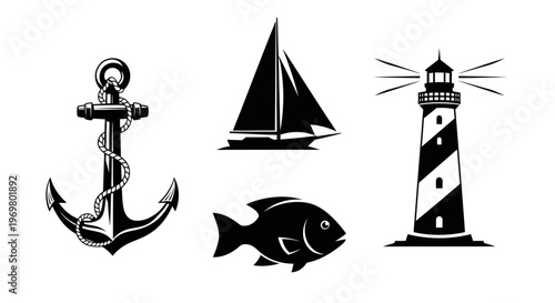 Nautical symbols including anchor, sailboat, fish, and lighthouse  