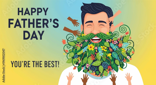 Father with floral beard and handprints on yellow background