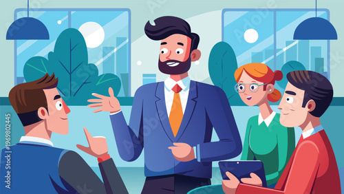 A vibrant flat-art digital illustration of a diverse professional team engaged in a collaborative meeting at a modern office with city skyscrapers in the background