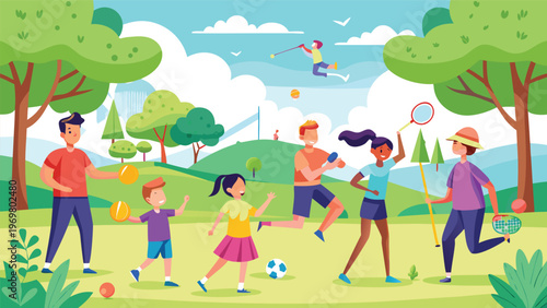 A vibrant flat-art digital illustration of a family and children enjoying various activities like soccer, tennis, and golf in a lush green park on a sunny day with white clouds