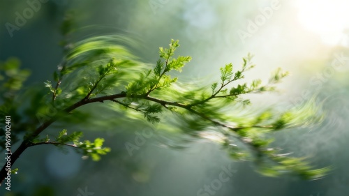Blurred Green Branch with Fresh Leaves in Sunlight