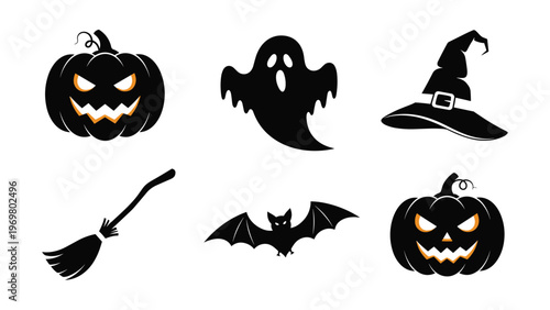 Collection of spooky halloween icons including jack o lantern pumpkins, ghost, witch hat, broom, and bat on white background.