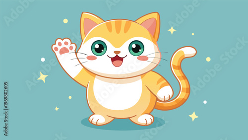 A charming and cute digital illustration of a ginger tabby cat with large expressive eyes sitting and waving its paw against a soft purple background with sparkling stars