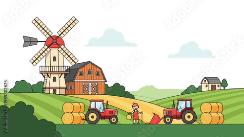 Idyllic farm landscape featuring tall windmill, red barn, two tractors hauling hay bales, and female farmer in green fields.
