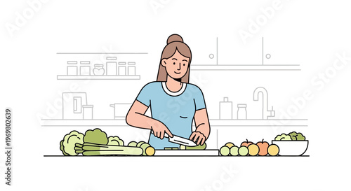 Young woman chopping vegetables in modern kitchen 