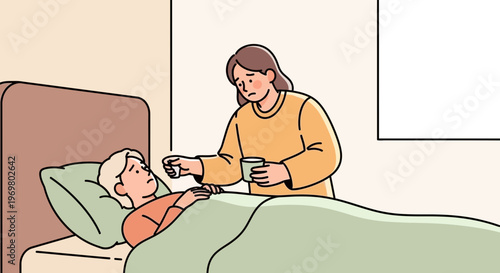 Woman caring for sick elderly man in bed at home  