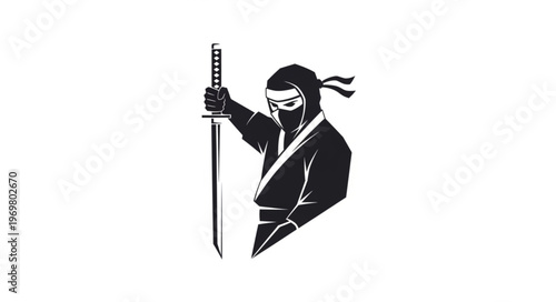Ninja Assassin Holding Sword Black and White Vector Illustration