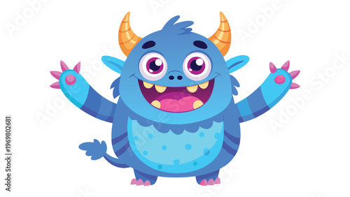 A delightful and friendly digital illustration of a round blue monster with yellow horns and purple spikes, posing happily with open arms against a solid deep blue background