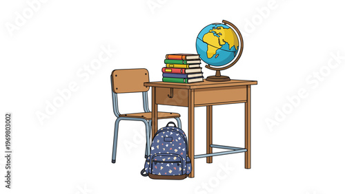 Educational classroom scene featuring a wooden school desk chair books globe and a patterned backpack on white background.