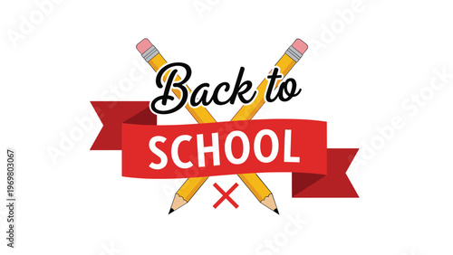Back to school themed graphic featuring crossed pencils and a red ribbon banner with bold white text for education.